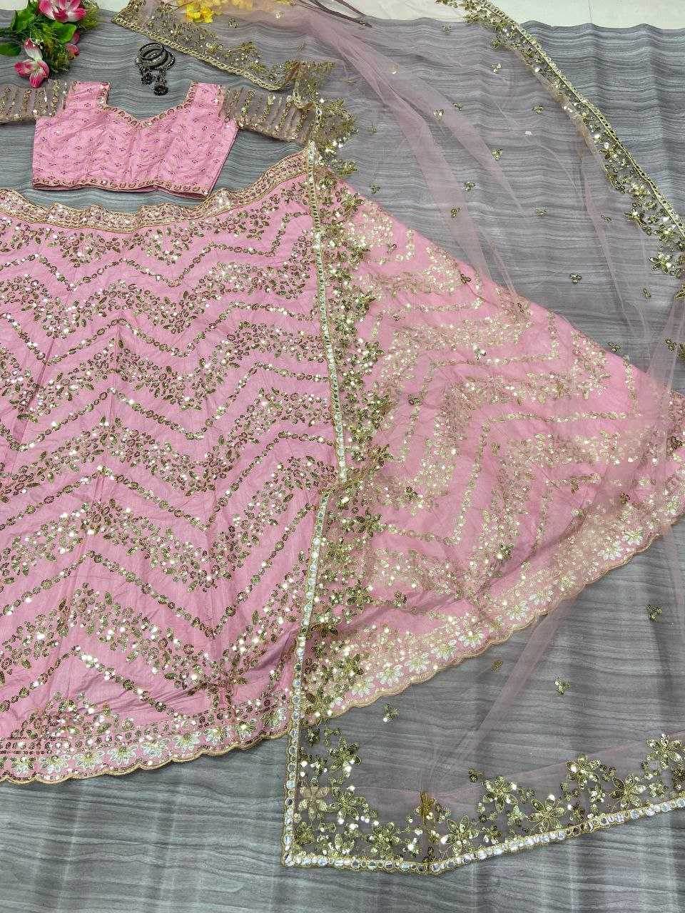 Chinon Silk Thread Work Sequins Lehenga With Cancan - MYLUXURY LANE ENTERPRISE